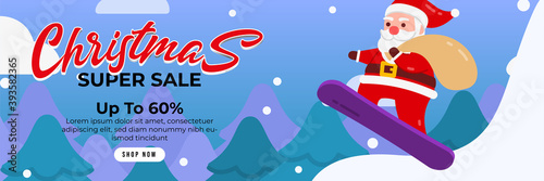 Christmas sale background with Cute Santa Character Deliver gift by using Snow Board. banner sale, discount, free delivery. Vector illustration for winter holiday discounts.