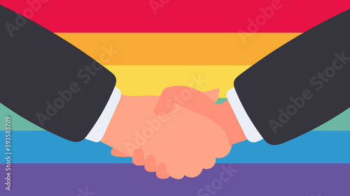 Handshake on the background of the LGBT flag. Vector.