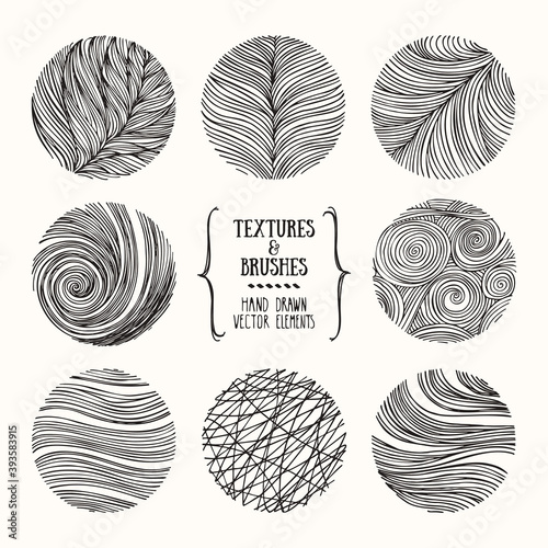 Hand drawn wavy linear textures made with ink. Artistic collection of graphic design elements. Swirl, circle, wavy stripe, abstract line, organic background, geometric pattern. Isolated vector set.