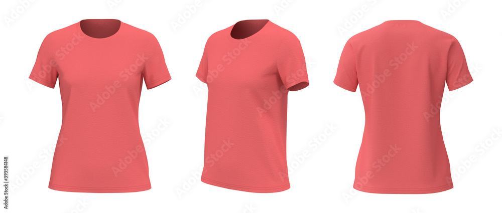 Women's crewneck t-shirt mockup, front, side and back views, design presentation for print, 3d illustration, 3d rendering
