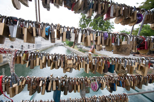Padlocks over canal in Zagreb; Croatia