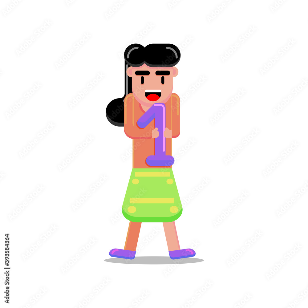 Girl Holding Number 1 Character Illustration Design Girl Holding Number 1 Character Illustration Design