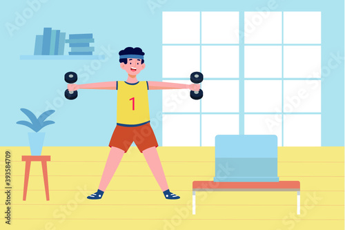 Man exercising with dumbbells at home
