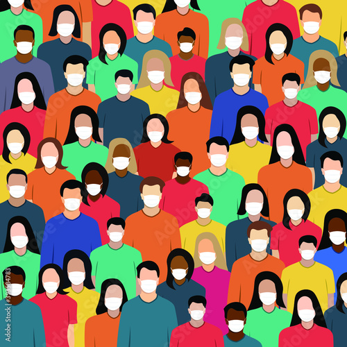 Illustration of diverse crowd of people wearing medical masks for prevention of virus corona infection.Vector seamless pattern.