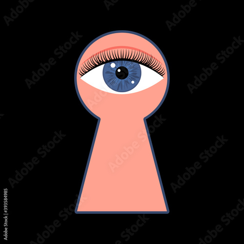 Keyhole and prying eye. Mysterious closed door lock. Curious man looks through keyhole. Confidential, private information concept. Vector illustration