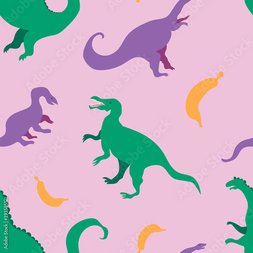 Cute vector seamless pattern with colorful dinosaurs and bananas on pastel pink background. Cool dinos  for kids  kawaii reptiles with fruits  velociraptor  brontosaurus.