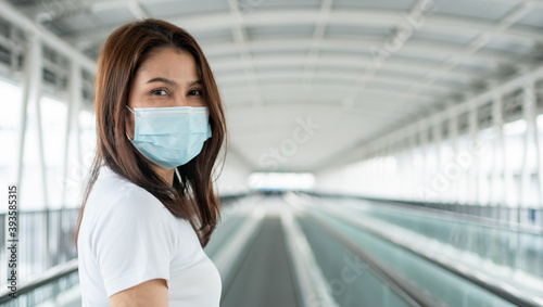 Portrait of a young woman in a medical mask for anti-coronavirus COVID-19 pandemic infectious disease outbreak protection in Public area. Concept of Virus pandemic and pollution (PM2.5)