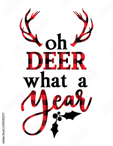 Oh deer, what a year - text with Red and black tartan plaid scottish buffalo Pattern. Greeting card text Calligraphy phrase for Christmas or other gift. Xmas greetings cards, invitations. 2020 quote.