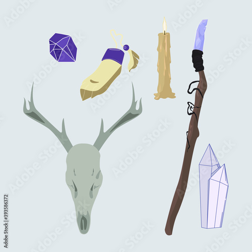 witch items,Seth is waiting for Halloween. magic items attributes of the festival of the dead and ghosts,vector illustration of a Ouija Board,a demon,a candle,a diamond,deer skull,rabbit's foot