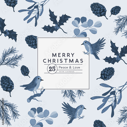 Natural vintage christmas placard desing with birds and botanical plant elements. Vector illustration