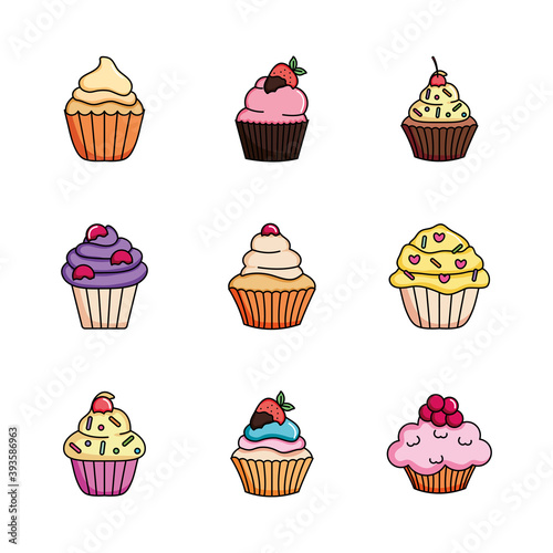 colorful cupcakes icon set design