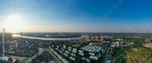 Panorama aerial view morning time scene of gas power plant. Thermal power plants and fuel oil, Bang Pakong power plant. 