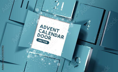 Christmas advent calendar door opening to reveal a message. Realistic vector illustration. photo