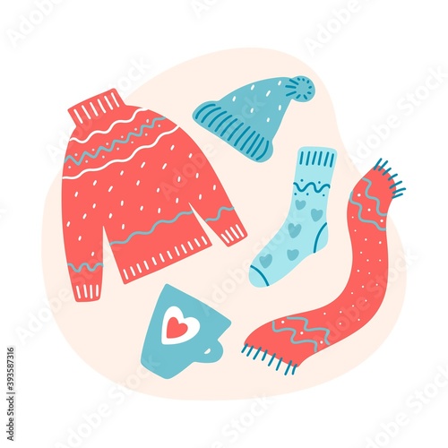 Hand drawn Merry Christmas clipart with scarp, cap, sock, hat, sweater on beige background. Vector flat illustration. Design for greeting card, banner, web, sticker, posters, gift tags and labels