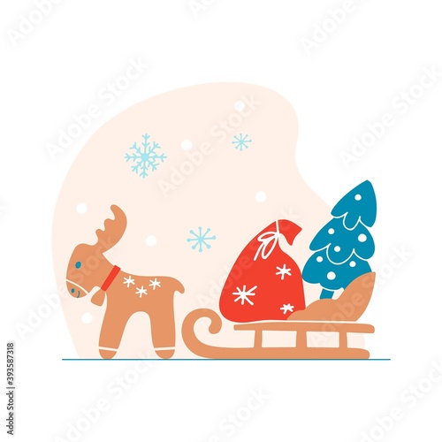 Fototapeta Naklejka Na Ścianę i Meble -  Hand drawn Merry Christmas clipart with deer, snowflakes, sled, tree, bag on white background. Vector flat illustration. Design for greeting card, banner, web, sticker, posters, gift tags and labels