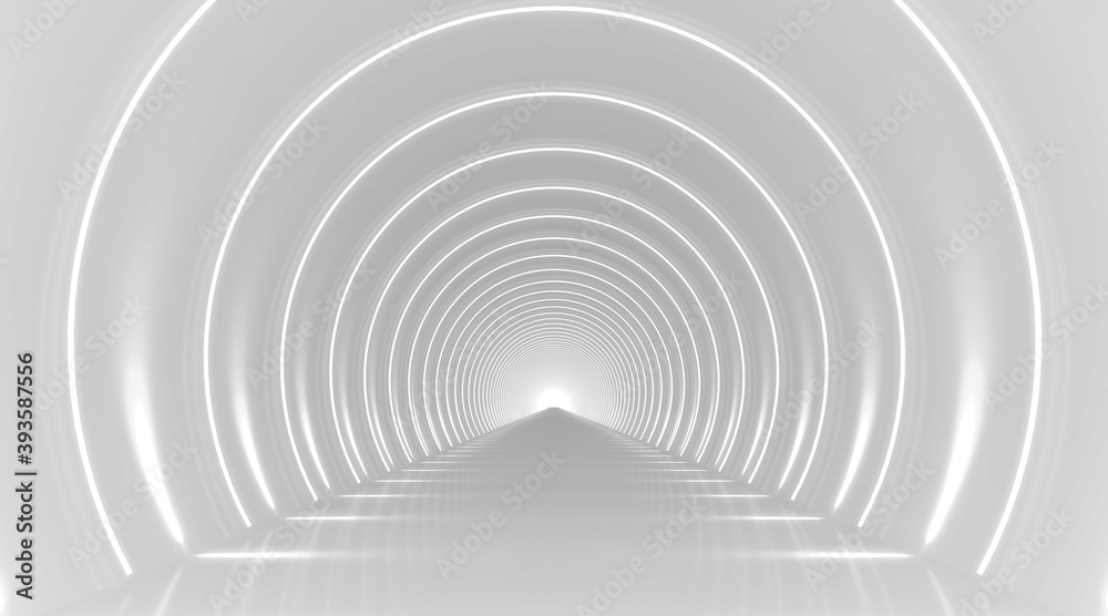 Fototapeta White round tunnel podium abstract background. Light reflection stage. 3d render.