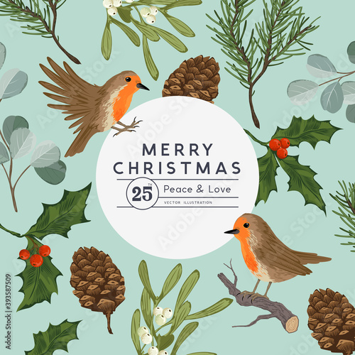 Vintage floral christmas layout desing with robin birds and seasonal plants including mistletoe and pine. Vector illustration.