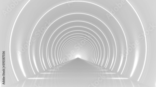 White round tunnel podium abstract background. Light reflection stage. 3d render.