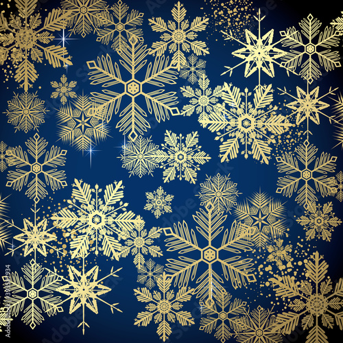 Gold winter snowflakes on a blue background - Merry Christmas and winter snow design