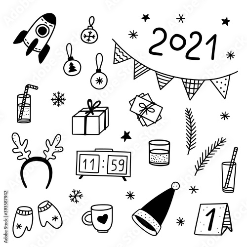 New year doodles set. Black and white winter stickers. Hand-drawn rocket, Christmas balls, a rim with deer horns, mittens, alarm clock, glass with straw, gift, garland, snowflakes, stars, fir branches