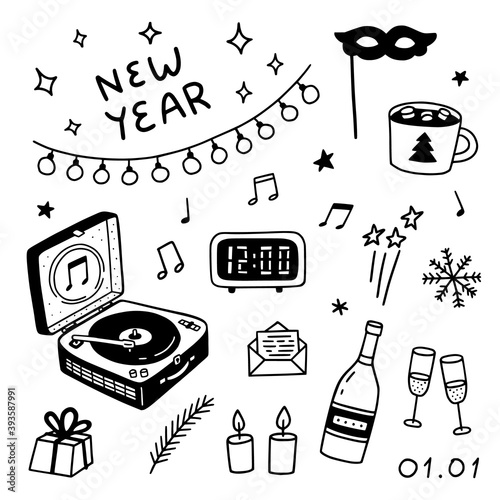 New year pictures. Set of holiday doodle elements. Garland, champagne, glasses, gift, candles, patifon, letter, mask, snowflakes, stars, notes, cocoa with marshmallows.