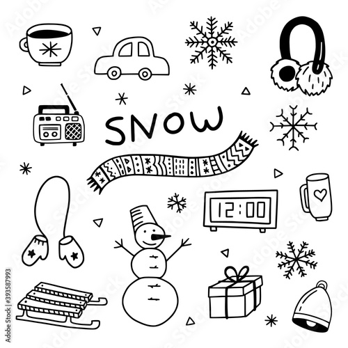 New year doodles. Set of black and white winter pictures. Scarf, watch, mug, warm headphones, snowman, snowflakes, gift, mittens, sled, bell, radio, car.