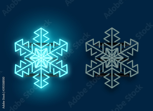 A neon glowing blue snowflake light with on and off version of the lamp. Christmas vector illustration.