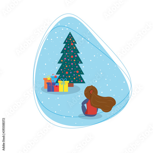 girl from back sits in front of decorated Christmas tree with gifts. Christmas card on background of liquid element and snow.