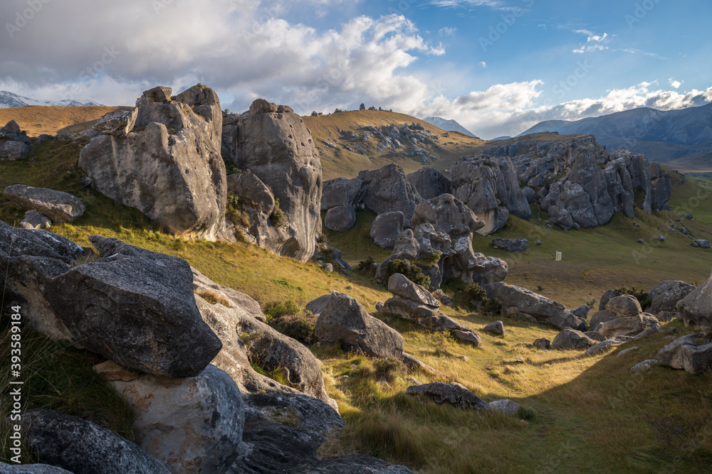 Castle Hill high country station in New Zealand's South Island. The hill was so named because of the imposing array of limestone boulders in the area reminiscent of an old, run-down stone castle. Castle Hill high country station in New Zealand's South Island. The hill was so named because of the imposing array of limestone boulders in the area reminiscent of an old, run-down stone castle.