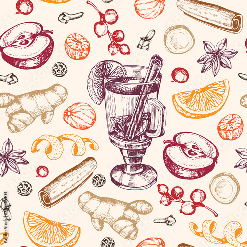 Seamless pattern with mulled wine and spices.