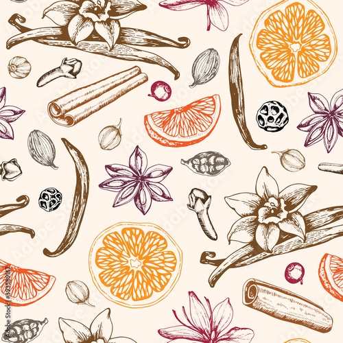 Pattern with ingredients ans spices for mulled wine