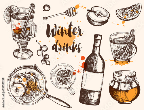 Vintage vector hand drawn mulled wine and ingredients.