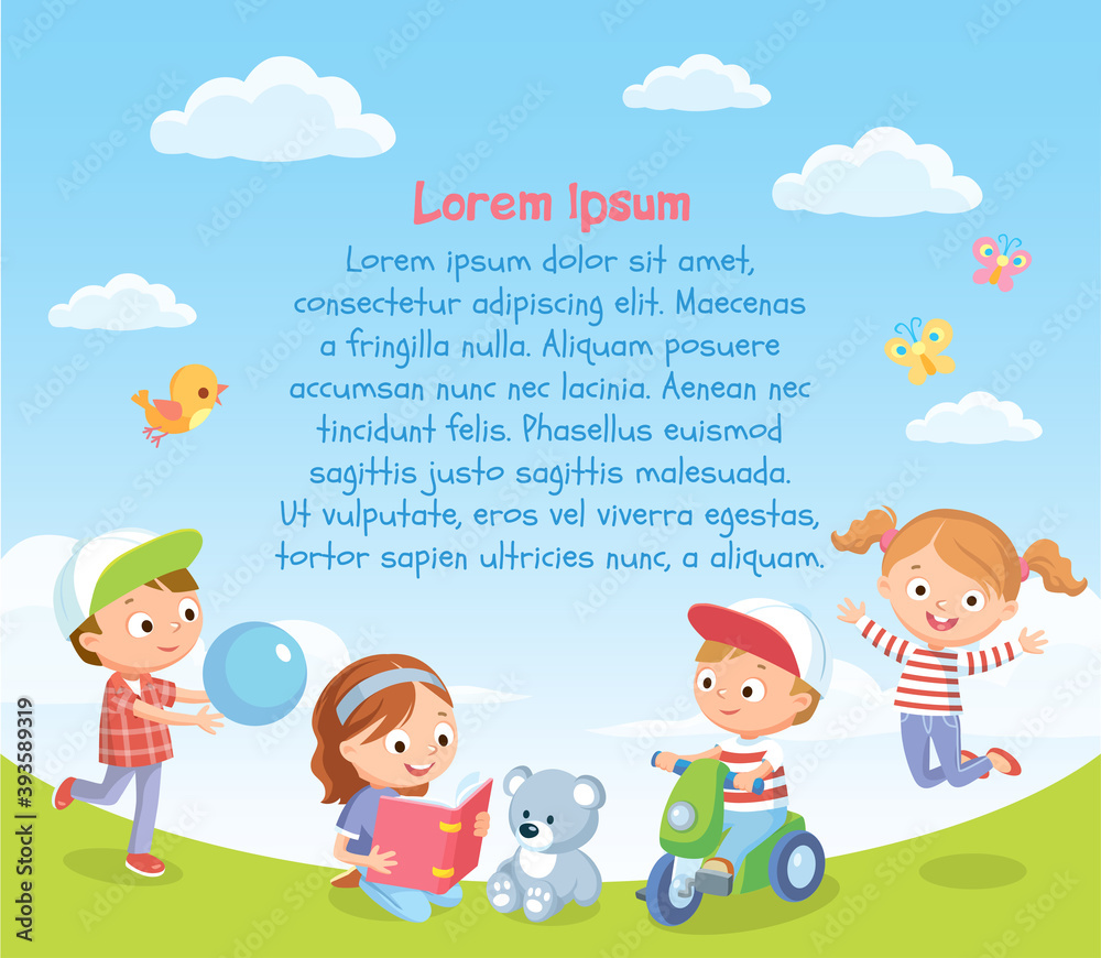 Vector template with happy kids children playing on the green grass of a lawn meadow with blue sky and white clouds bird and butterflies on background.Girl reading book to teddy bear.Boy on tricycle.