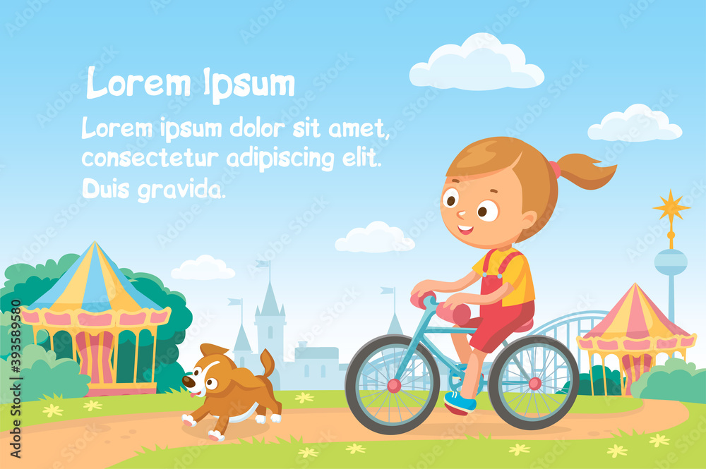 Fototapeta premium Vector girl woman rides a bicycle bike in natural summer landscape on pathway track through amusement park, puppy dog running ahead.Escape from the city.Bike ride. Carousel and castle on background.