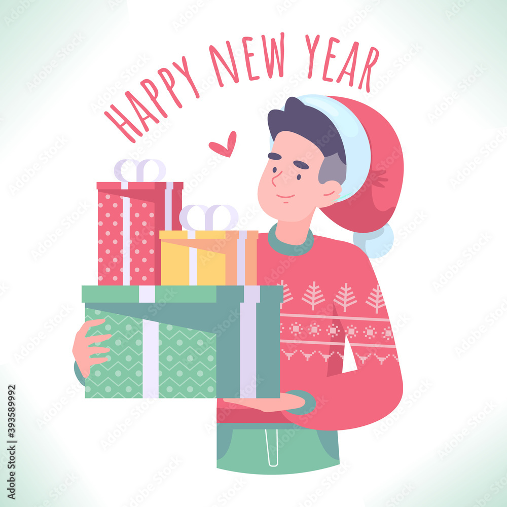Merry Christmas or Happy New Year concept. Young man in ugly sweater holding Christmas gifts, vector illustration