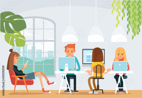 Co working space office interior with creative working people in public place workplace loft. Start up business. Young freelancers people working together. Joint education.