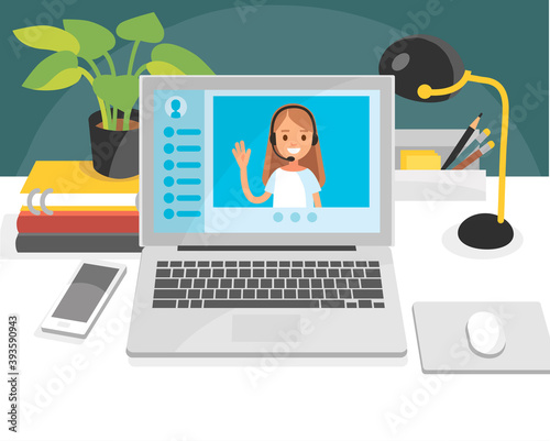 Conversation videoconference talk over video chat. Front view picture illustration of office manager workplace, working place, desk and laptop and someones worker user hands.
