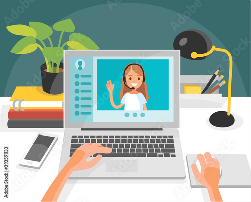 Conversation videoconference talk over video chat. Front view picture illustration of office manager workplace, working place, desk and laptop and someones worker user hands.