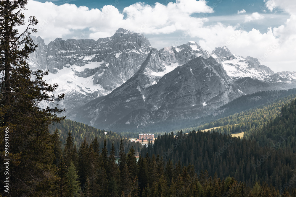 Beautiful view of Misurina in the distance. South Tyrol, Dolomites, Italy.
