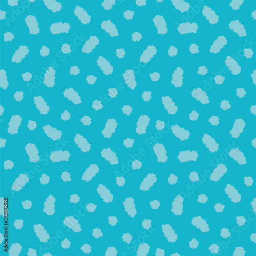 Vector abstract irregular spot pattern with hand drawn grunge stain on blue background. Seamless summer beachy design. Perfect for fabric, beach wear and bath utensil.