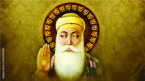 Guru Nanak Dev Ji With Ek Onkar Symbol On Back with circle on Gold Background Vector Waheguru