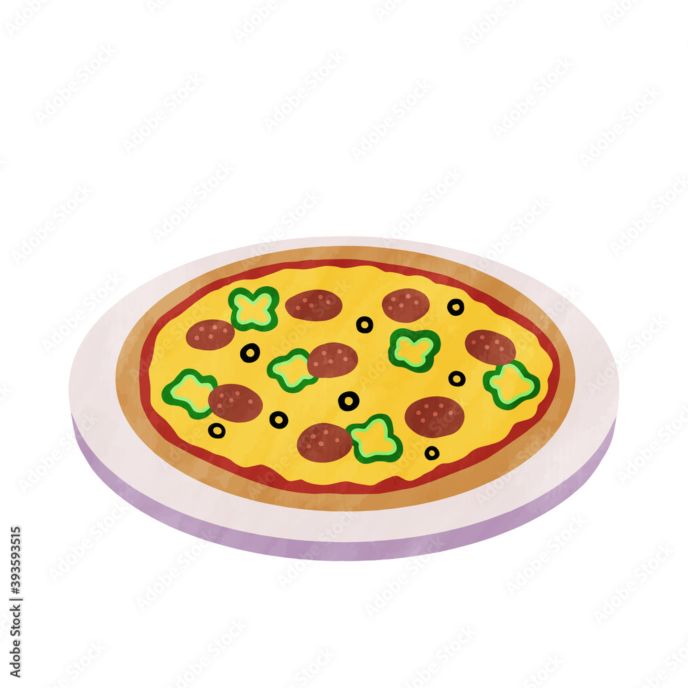 ピザ チーズ サラミ かわいい 水彩風 イラスト ピザ チーズ サラミ かわいい 水彩風 イラスト