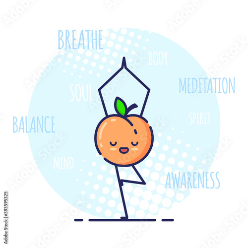 Funny Peach Character Doing Yoga, Tree Pose Vrikshasana