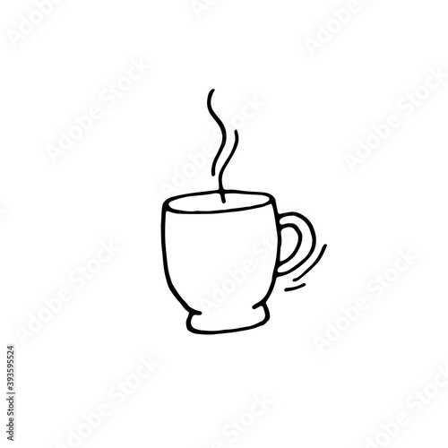 A mug with hot coffee, tea. Vector doodle illustration, hand drawn. Black and white outline
