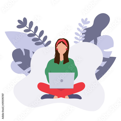 Woman working with laptop on isolated background 