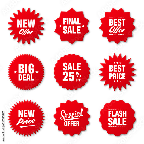 Realistic red price tags collection. Special offer or shopping discount label. Retail paper sticker. Promotional sale badge. Vector illustration.