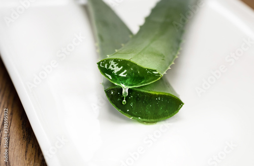 Moisture drops like a water drop from a cut aloe vera leaf lying on a white plate.