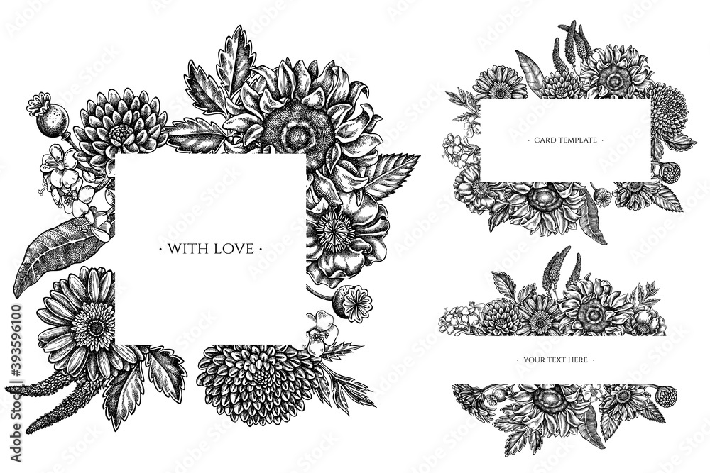 Floral frames with black and white poppy flower, gerbera, sunflower