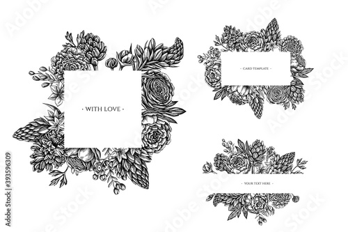 Floral frames with black and white peony, carnation, ranunculus, wax flower, ornithogalum, hyacinth