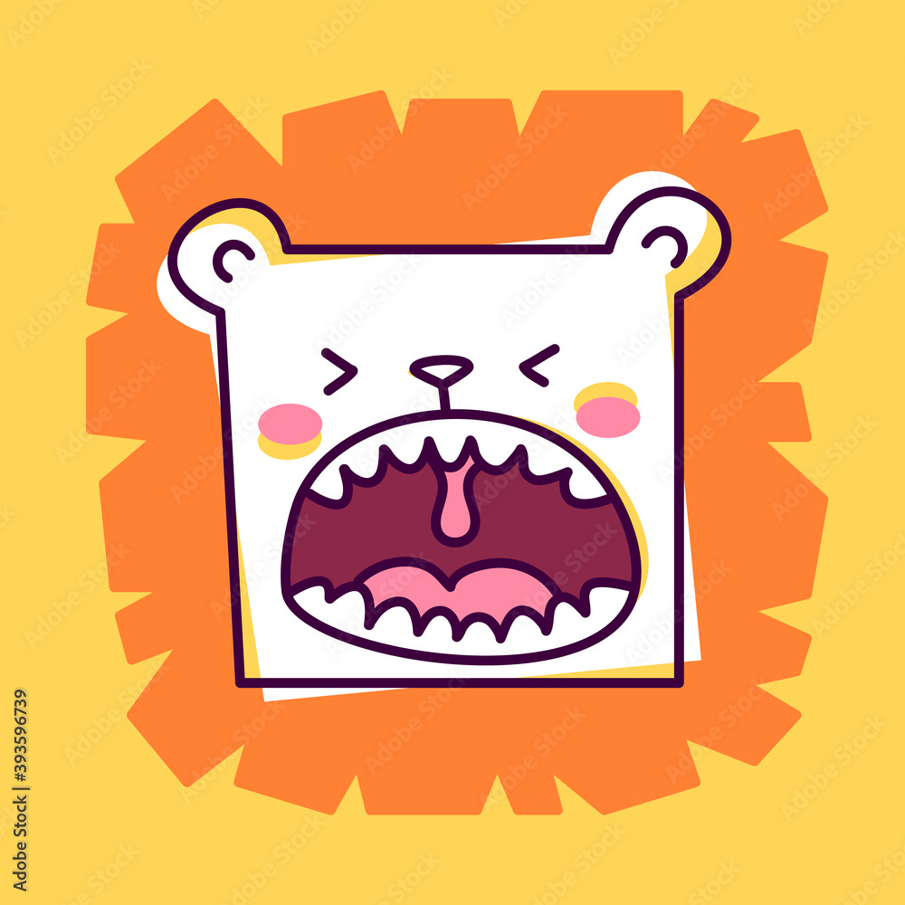 Vector illustration of cute head of lion with mane and open mouth